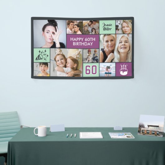 60th Birthday Custom Photo Collage Purple Green Spandoek (Beurs)