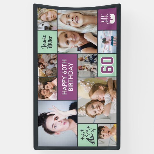 60th Birthday Custom Photo Collage Purple Green Spandoek (Verticaal)