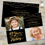 60th Birthday Dan & nu Foto's Koord lichten Kaart<br><div class="desc">Nodig uw gasten met deze 60e verjaardag partijuitnodiging in zwart-wit en goud met koordlichten uit met een retro typografie die 60 JAAR in het MAKING verklaart die hun geboortejaar binnen het ontwerp integreert. Voeg DAN en NU foto's toe voor een leuke uitnodiging. De de uitnodigingsdetails van de partij zijn op...</div>