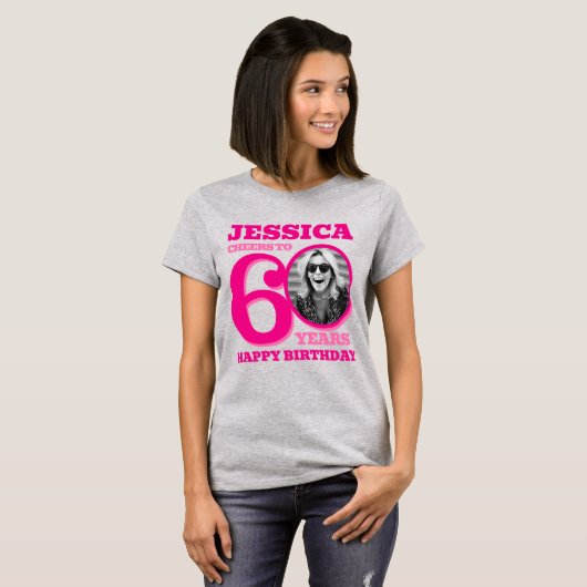 60th Birthday doubled sided photo name pink text T-shirt (Voorkant volledig)
