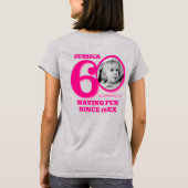 60th Birthday doubled sided photo name pink text T-shirt (Achterkant)