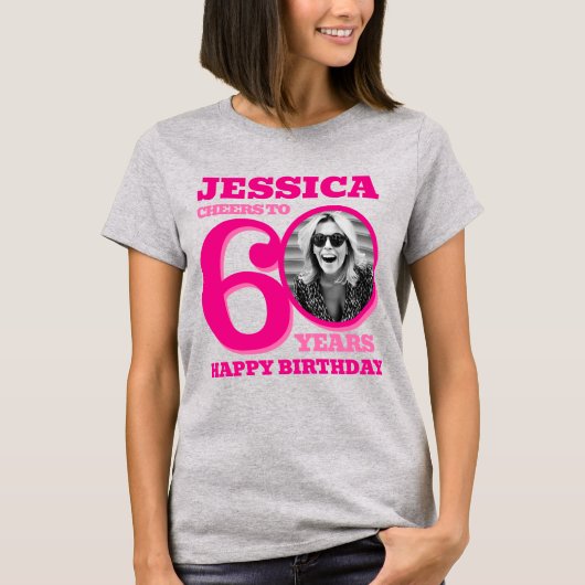 60th Birthday doubled sided photo name pink text T-shirt (Voorkant)