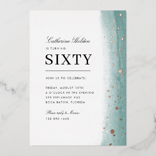 60th Birthday Elegant Green Brush Stroke Folie Uitnodiging (Voorkant)