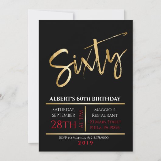 60th Birthday Gold Black Party Invitation Kaart (Voorkant)
