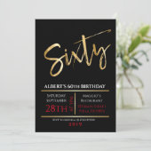 60th Birthday Gold Black Party Invitation Kaart (Staand voorkant)