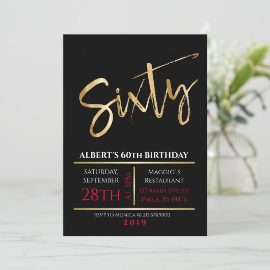 60th Birthday Gold Black Party Invitation Kaart (Staand voorkant)