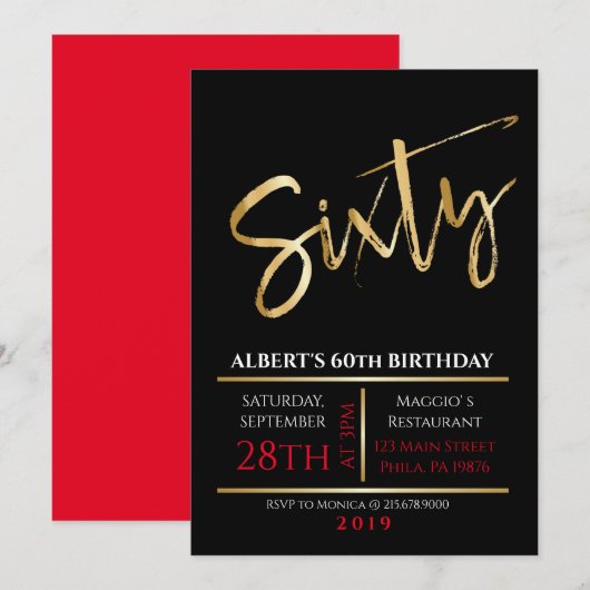 60th Birthday Gold Black Party Invitation Kaart (Voorkant / Achterkant)