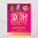 60th Birthday grafische roze goudfolie fotocirkels Folie Uitnodiging<br><div class="desc">Vet eenvoudig grafisch heldere, felroze, en gouden folie of je eigen foliekleurenfoto sjabloon voor de 60e verjaardag van de foto. Pas deze mijlpaalverjaardagsuitnodiging aan met de details van je eigen verjaardagsfeestje, en drie verschillende foto's van je verjaardagsmeisje in de fotocirkels voor je nu en dan foto's. Andere jaren kleuren en...</div>
