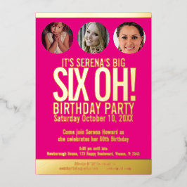 60th Birthday grafische roze goudfolie fotocirkels Folie Uitnodiging