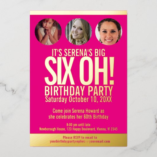 60th Birthday grafische roze goudfolie fotocirkels Folie Uitnodiging (Voorkant)