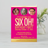 60th Birthday grafische roze goudfolie fotocirkels Folie Uitnodiging (Staand Voorkant)