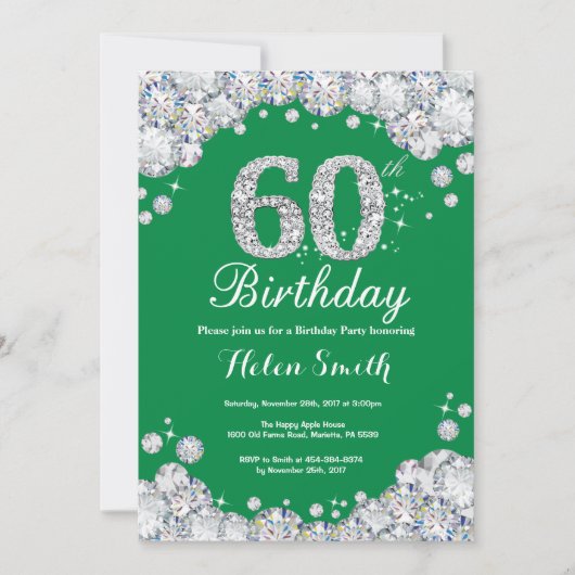 60th Birthday Green en Silver Diamond Kaart (Voorkant)