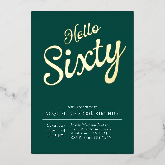 60th Birthday Green Gold Foil Hallo 60 Uitnodiging (Voorkant)