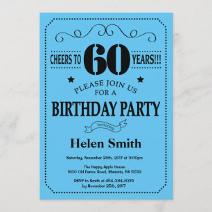 60th Birthday Invitation Black and Blue Kaart
