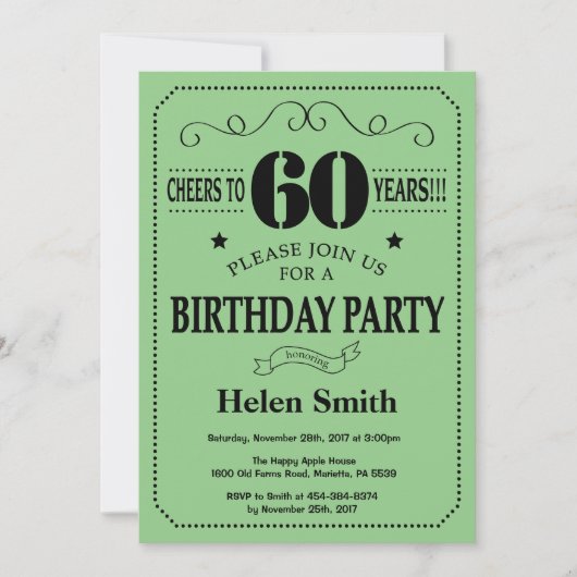 60th Birthday Invitation Black and Green Kaart (Voorkant)