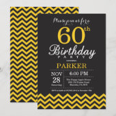 60th Birthday Invitation Black and Yellow Chevron Kaart (Voorkant / Achterkant)