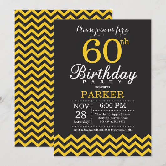 60th Birthday Invitation Black and Yellow Chevron Kaart (Voorkant / Achterkant)