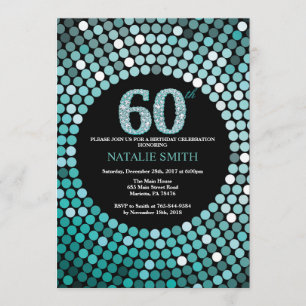 60th Birthday Invitation Black en Blauwgroen Glitt Kaart