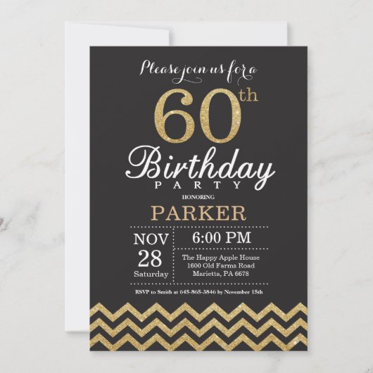 60th Birthday Invitation Black en Gold Glitter Kaart (Voorkant)