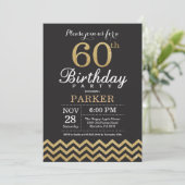 60th Birthday Invitation Black en Gold Glitter Kaart (Staand voorkant)