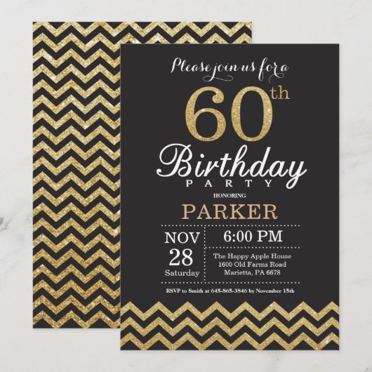 60th Birthday Invitation Black en Gold Glitter Kaart (Voorkant / Achterkant)