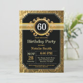 60th Birthday Invitation Black en Gold Glitter Kaart (Staand voorkant)