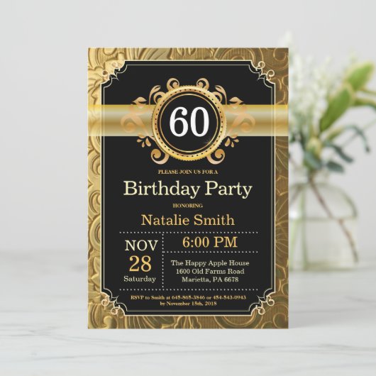 60th Birthday Invitation Black en Gold Glitter Kaart (Staand voorkant)