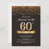 60th Birthday Invitation Black en Gold Glitter Kaart (Voorkant)
