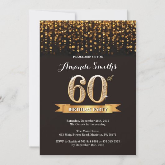 60th Birthday Invitation Black en Gold Glitter Kaart (Voorkant)
