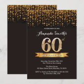 60th Birthday Invitation Black en Gold Glitter Kaart (Voorkant / Achterkant)