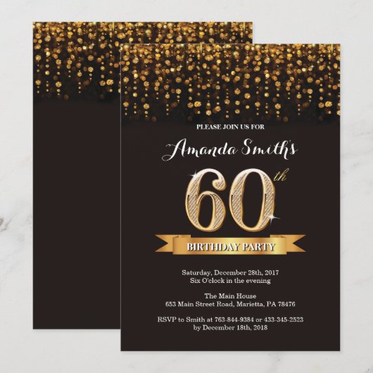 60th Birthday Invitation Black en Gold Glitter Kaart (Voorkant / Achterkant)