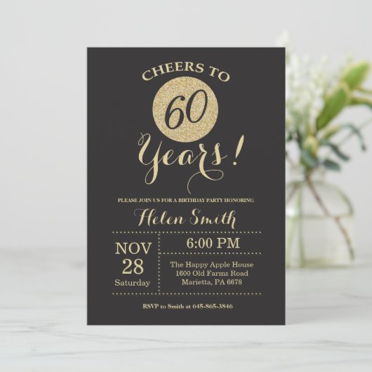 60th Birthday Invitation Black en Gold Glitter Kaart (Staand voorkant)