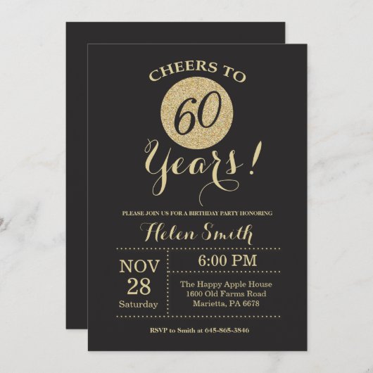 60th Birthday Invitation Black en Gold Glitter Kaart (Voorkant / Achterkant)