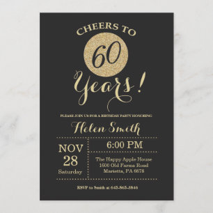 60th Birthday Invitation Black en Gold Glitter Kaart
