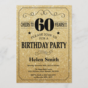 60th Birthday Invitation Black en Gold Glitter Kaart