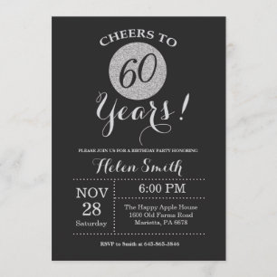60th Birthday Invitation Black en Silver Glitter Kaart