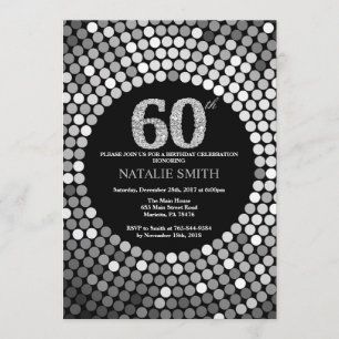60th Birthday Invitation Black en Silver Glitter Kaart