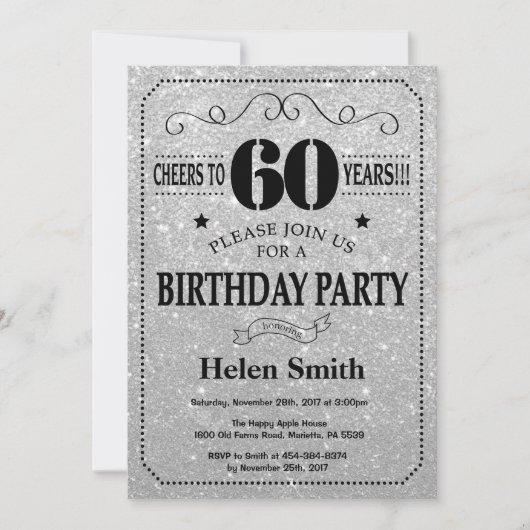 60th Birthday Invitation Black en Silver Glitter Kaart (Voorkant)