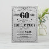 60th Birthday Invitation Black en Silver Glitter Kaart (Staand voorkant)