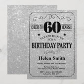 60th Birthday Invitation Black en Silver Glitter Kaart (Voorkant / Achterkant)