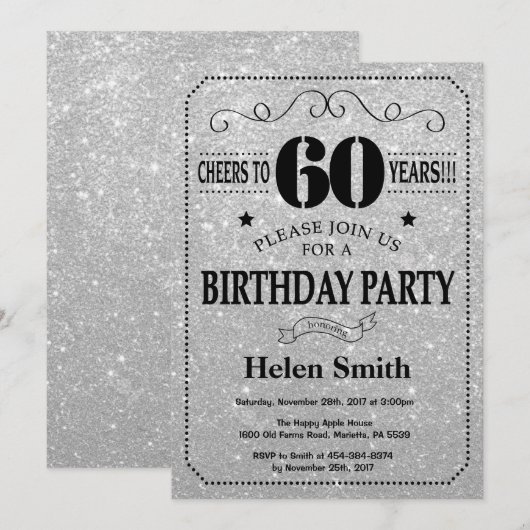 60th Birthday Invitation Black en Silver Glitter Kaart (Voorkant / Achterkant)