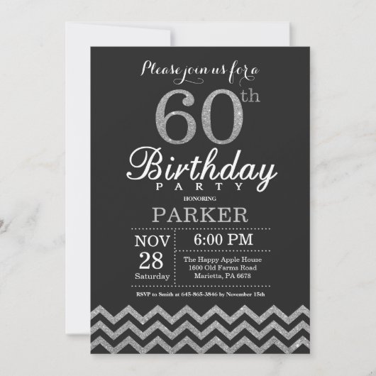 60th Birthday Invitation Black en Silver Glitter Kaart (Voorkant)