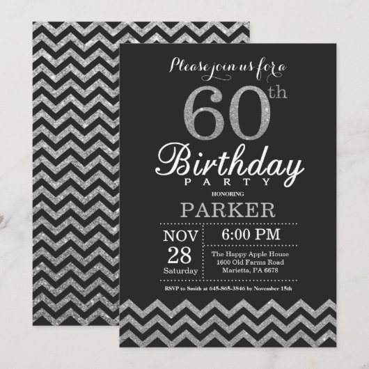 60th Birthday Invitation Black en Silver Glitter Kaart (Voorkant / Achterkant)