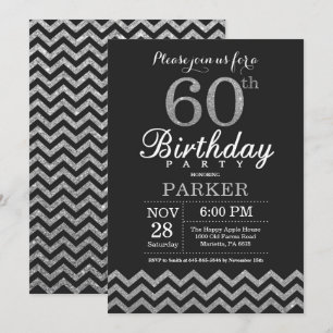 60th Birthday Invitation Black en Silver Glitter Kaart
