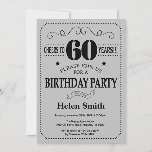 60th Birthday Invitation Black en Silver Grey Kaart (Voorkant)