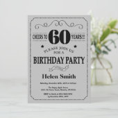 60th Birthday Invitation Black en Silver Grey Kaart (Staand voorkant)