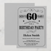 60th Birthday Invitation Black en Silver Grey Kaart (Voorkant / Achterkant)