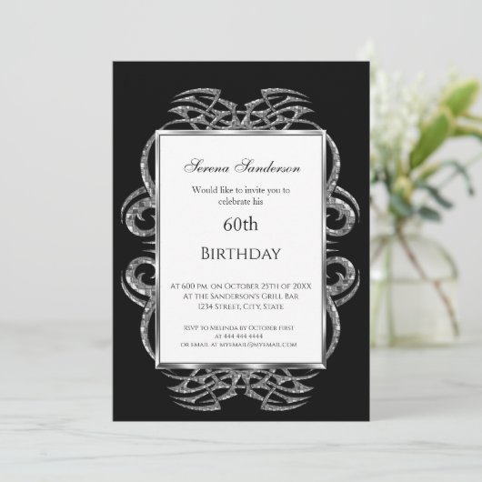 60th Birthday Invitation Black Kaart (Staand voorkant)