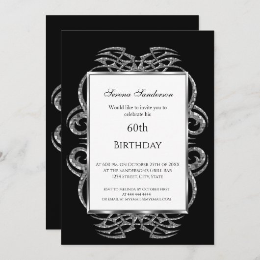 60th Birthday Invitation Black Kaart (Voorkant / Achterkant)