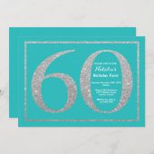 60th Birthday Invitation Blauwgroen en Silver Glit Kaart (Voorkant / Achterkant)